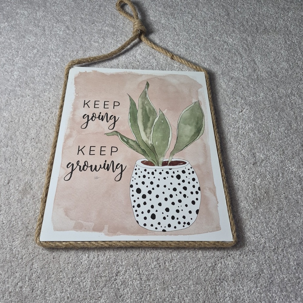 Hanging Wall Art "Keep Growing" Rope Border Farmhouse Cottage Beach 15x12x.5 In